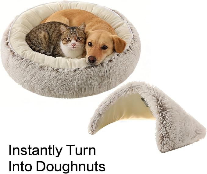 Hooded Dog Bed, Cat Cave Bed with Removable Hood, 2-in-1 Convertible Donut Cat Bed, All Season Fluffy Pet Bed for Cats Small Dogs (Cave Bed - Coffee Color, Large Size 23.6 in)
