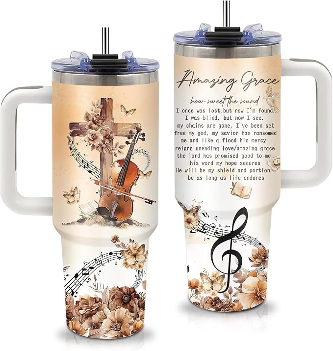 Gift for Music Lover, 40oz Music Tumbler with Handle, Violin Pattern Insulated Cup for Work, Graduation Gift for Her, Musics Tumblers Appreciation Gifts Choice, Coffee Mug with Straw & Handle