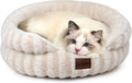 Cat Bed Kitten Bed - Washable Round Cat Beds for Indoor Cats, Soft Corduroy Fleece Pet Bed for Puppy and Kitten with Removable Double Sided Inner Cousion, 20", Beige