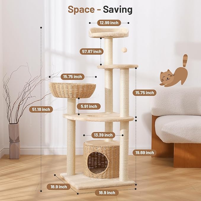 Modern Rattan Cat Tree House Condo Tall Heavy Duty Cat Climbing Tower with Scratching Post,Basket,Bed,and Stand for Indoor Large Adult Cat