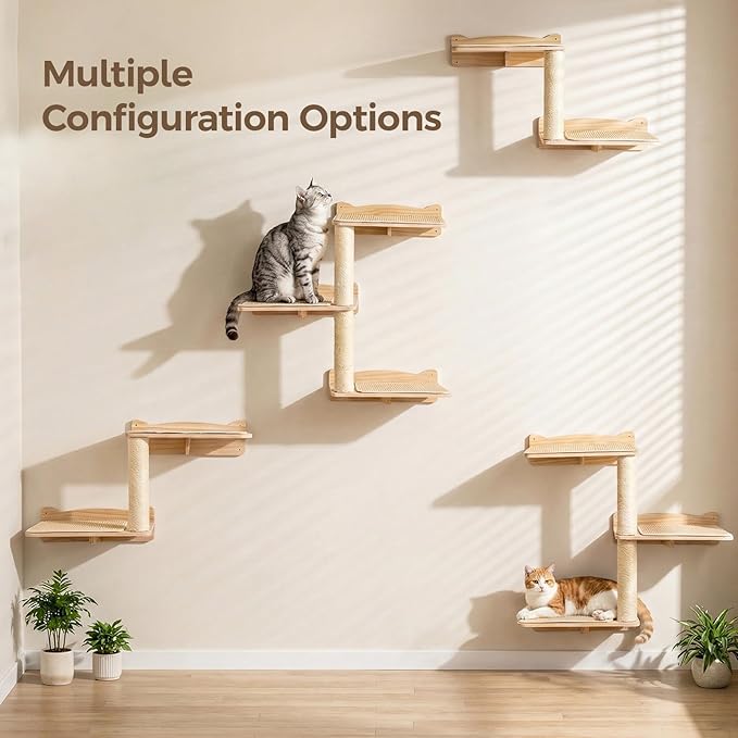 Cat Wall Shelves, 2-Tier Cat Shelves with Sisal Scratching Post, Sisal Mat Solid Pine Wood Wall Mounted Cat Climbing Furniture, Modular Design