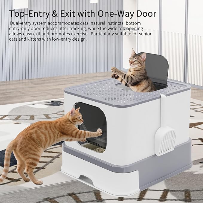 RIZZARI Stainless Steel Cat Box: Light Gray Covered Design with High Sides to Prevent Leaks - Spacious Interior & Non-Stick Coating for Odor Control - Easy-Clean Drawer - Bathroom or Living Room Use