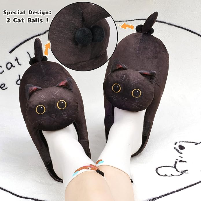 Funny Cat Slippers for Women,Fuzzy Animal Indoor House Shoes with Soft Memory Foam,Comfy Plush Warm Slip-on Slippers,Cat Gifts for Cat Lover