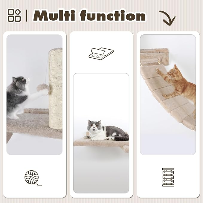 Cat Wall Shelves - 7 Pcs Luxury Wall-Mounted Cat Furniture Set, Including 2 Shelves, 2 Solid Wood Steps, 1 Bridge Ladder, 1 Sisal Scratcher Post, 1 Hanging Ball for Large Cats