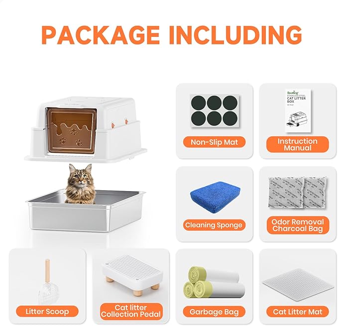 Stainless Steel Litter Box with Lid, 28" Extra Large Cat Litter Pan, Enclosed Metal Litter Box with Litter Scoop & Filter Pedal, Anti-Leakage, Odor Free, Non-Sticky, Anti-Leakage, Easy Cleaning