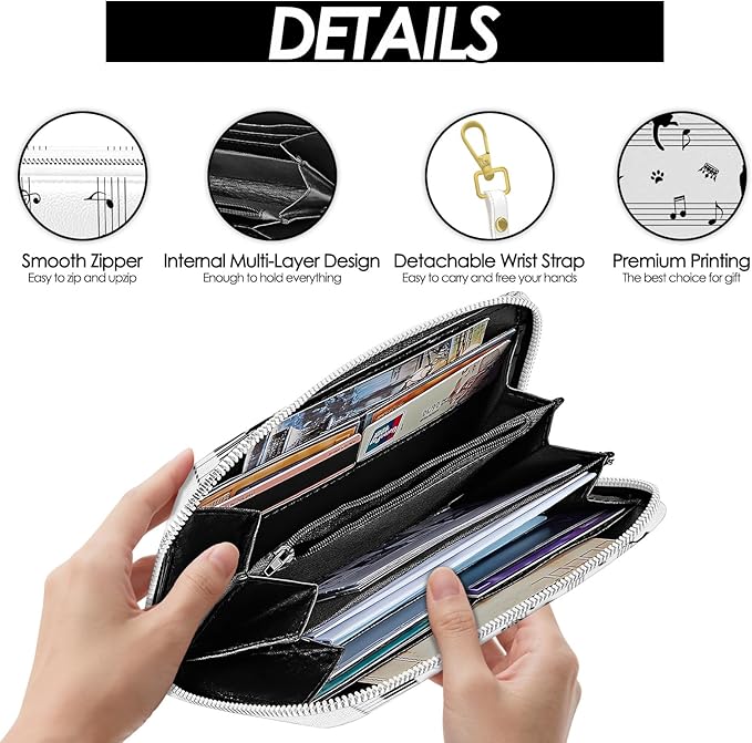 Womens Wallet, Black Cat Wristlet Wallet For Women, Piano Keys Musical Card Holder Purse, Birthday Christmas Graduation Gifts For Music Lovers, Aesthetic Office Daily Purse