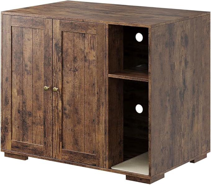 Litter Box Enclosure Cabinet, Built-in Power Outlet & 5 Ft Cord, Cat Litter Furniture with Dog-Proof Shelf and Mat, Fits Most Self-Cleaning Litter Boxes, Brown