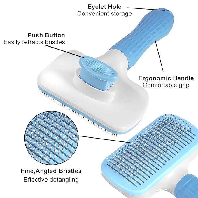 Self Cleaning Slicker Brush, Dog Cat Pet Grooming Shedding, Deshedding Brush and Dematting Tool, Easy to Remove Loose Undercoat, Knots, Mats, Tangles,and Flying Hair (Sky Blue)