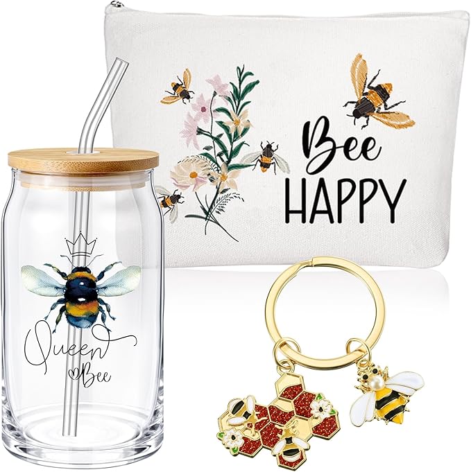Hushee 3 Pcs Bee Theme Gifts for Mother Day Happy Makeup Bag and Glass Cup with Lid Straw Keychain Inspirational for Mom Friend Sister Coworker