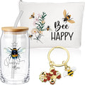 Hushee 3 Pcs Bee Theme Gifts for Mother Day Happy Makeup Bag and Glass Cup with Lid Straw Keychain Inspirational for Mom Friend Sister Coworker
