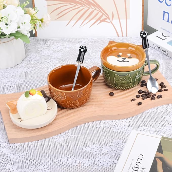 Cute Cat Coffee Mug with Lid,Animal Tea Cup with Saucer Set,Kawaii Ceramic Mugs with Biscuit Holder and Spoon,Gifts for Women,Teacher,Friend,for Mothers Day,Easter,Christmas (Yellow Cat)