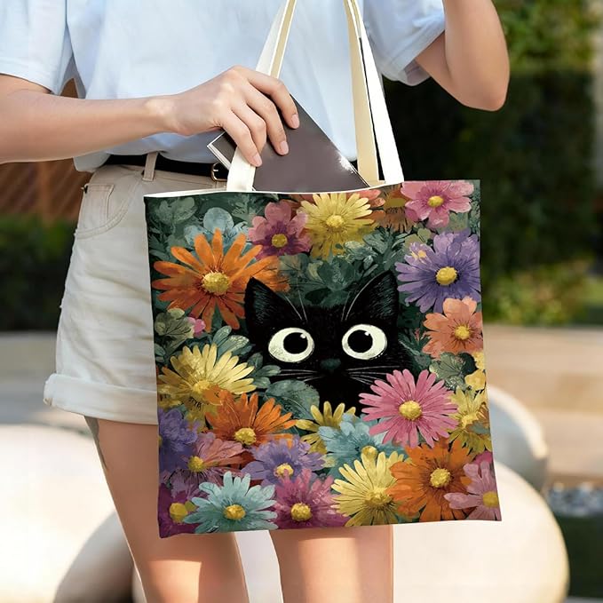 Canvas Tote Bag for Women, Black Cat and Floral Print Aesthetic Handbag, Cute Animal Reusable Shopping Bag for Work Travel Beach Grocery, Cat Lover Gift, Daily Use Tote