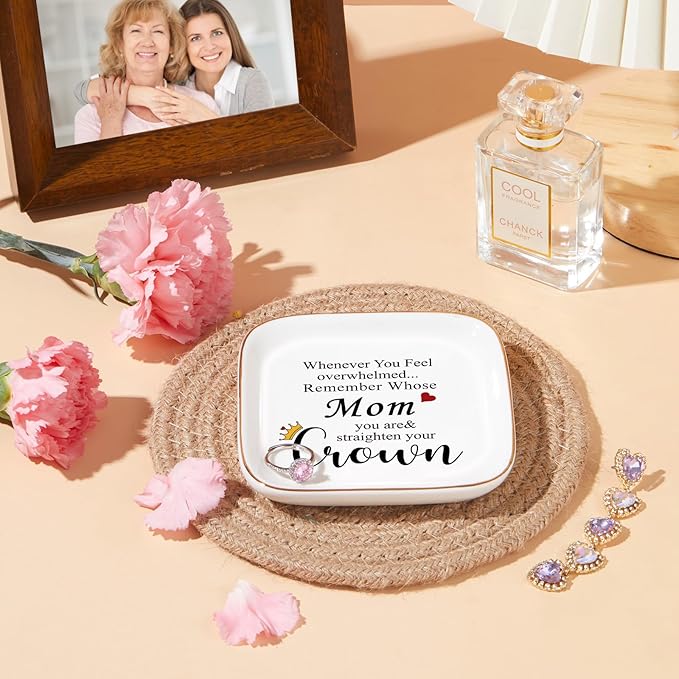 PUDDING CABIN Mom Birthday Gifts Jewelry Dish - Mom Straighten Your Crown - Inspirational Ceramic Trinket Dish for Keys Rings Earrings Organizer, Mothers Day Gift for Mom from Daughter Son