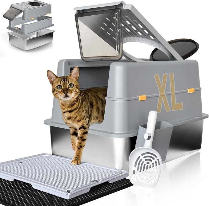 Ultimate Stainless Steel Litter Box with Lid - XL Enclosed Anti-Leak Design for Big Cats, Non-Stick Easy Clean Metal Litter Box System with Scoop Set, High-Sided Urine Protection, Sleek Grey