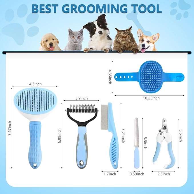 Dog Brush Dog Grooming Kit 6PCS Dog Brush for Shedding-Dog Brushes for Grooming, Dematting Comb for Dogs, Cat Nail Clipper with Nail File, Flea Comb, Bath Brush(Blue)