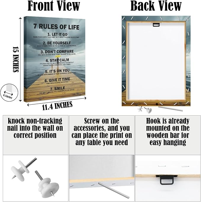 7 Rules of Life Framed Canvas Wall Art, Inspirational Quotes Decor Wall Painting, Motivational Picture Home Decor for Living Room Bedroom Office Classroom, 11.4"x15"