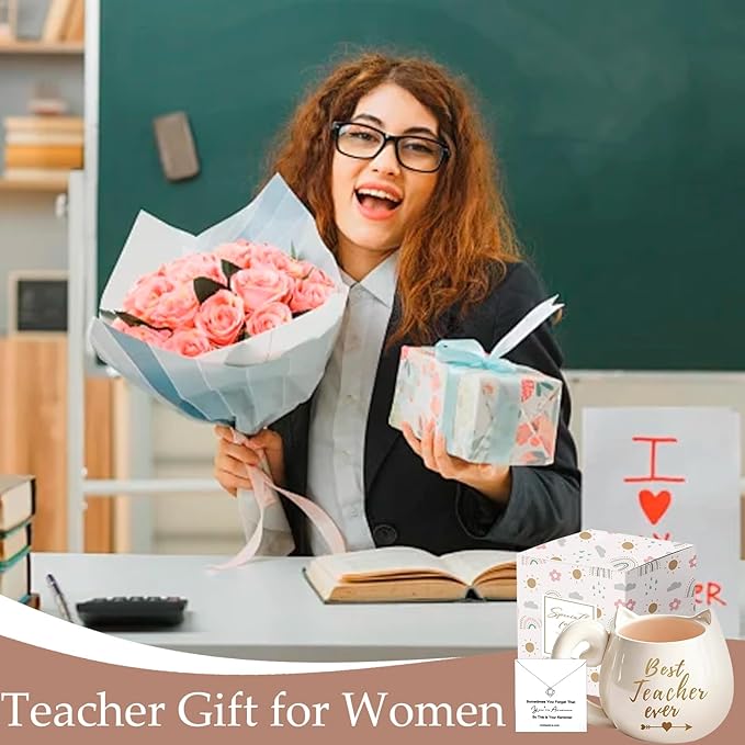 Best Teacher Ever Coffee Mug for Women，11 Oz Ceramic Cup with Exquisite Necklace for Retirement, Valentine's Day, Graduation, Christmas,Thank You Birthday End of Year