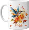 Hyturtle Personalized Fall Hummingbird Maple Leaves Mug - Birthday Gifts For Hummingbird Lovers - Fall Autumn Decor Gifts For Farmhouse Thanksgiving - Custom Name 11oz White Ceramic Coffee Tea Mug