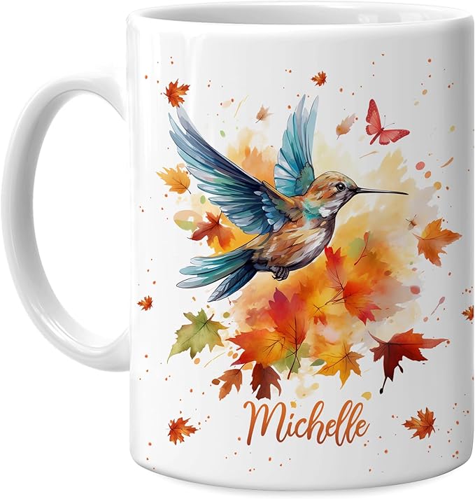 Hyturtle Personalized Fall Hummingbird Maple Leaves Mug - Birthday Gifts For Hummingbird Lovers - Fall Autumn Decor Gifts For Farmhouse Thanksgiving - Custom Name 11oz White Ceramic Coffee Tea Mug