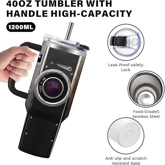Photographer Gifts for Women Men Tumbler with Handle Straws 40oz Photography Lovers Camera Lens Coffee Cup Mugs, Cool Photographers Birthday Christmas Gift