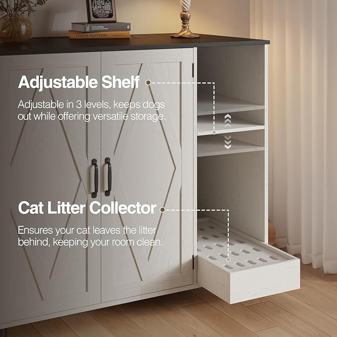 Large Litter Box Enclosure with Litter Collector & Dog-Proof Shelf, Hidden Litter Box Furniture for Self Cleaning Litter Box, Wodden Litter Box Cabinet, Cat Box Enclosure, Side Table, White