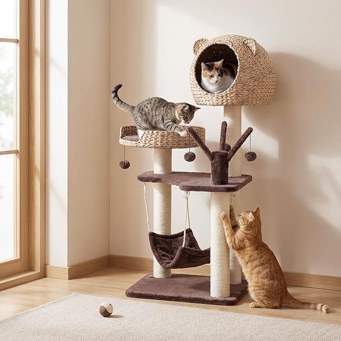 Tangkula Modern Cat Tree Tower, Multi-Level Tall Activity Center with Natural Sisal Scratching Posts, Hammock, Hand-Made Cattail Cute Condo with Funny Toy Balls (Brown)