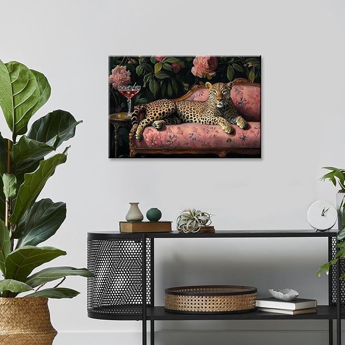 Leopard With Martini Wrapped Framed Print Poster Whimsical Animal Art Bar Cart Decor Wall Art Room Decor Aesthetics Ready To Hang 16X24 inch