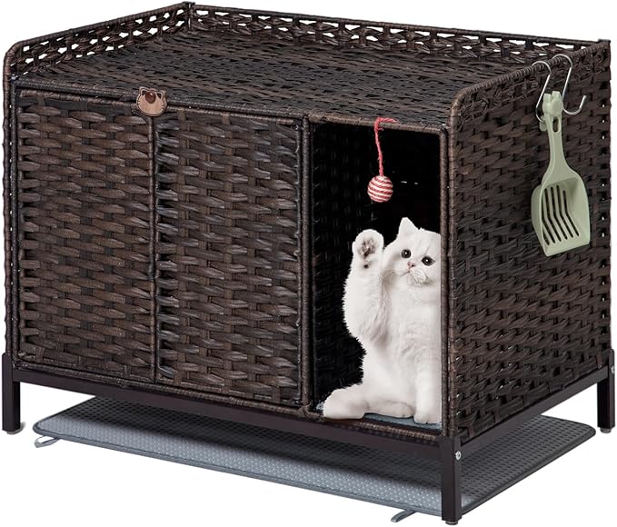 Cat Litter Box Enclosure Furniture with Divider, Handwoven Rattan Litter Box with Mat, 31.2 x 19.6 x 24.2 Inches, Metal Heightened Feet, Hidden Cat House for Living Room, Bedroom (Brown)