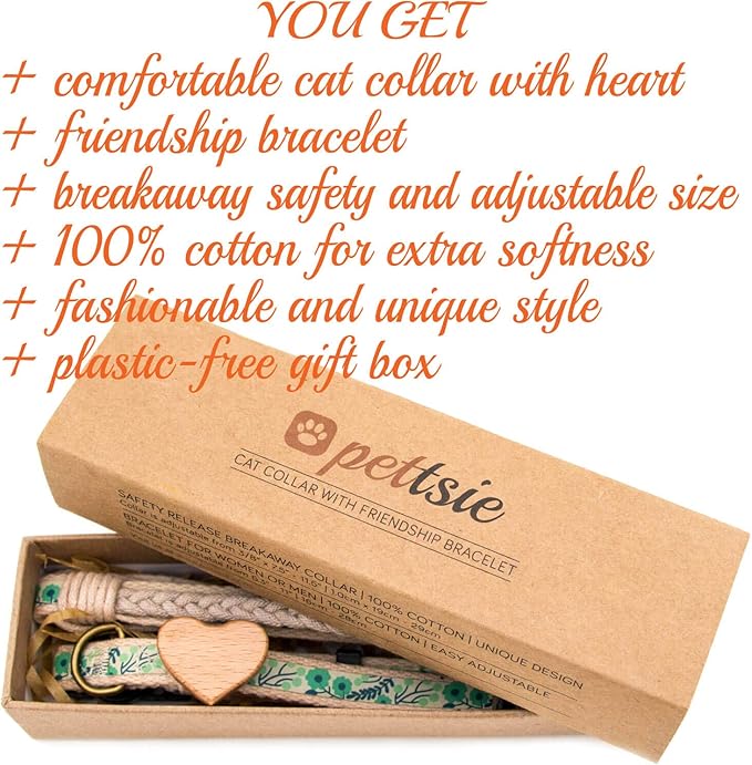 Pettsie Breakaway Cat Collar with Wooden Heart Charm & Matching Owner Bracelet – Soft Cotton, Adjustable Safety Collar for Cats, Lightweight & Stylish, 8"-11", Gift-Ready Set for Cat Lovers, Green
