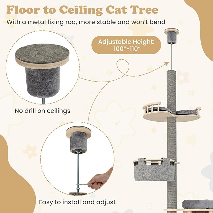 Tangkula Floor to Ceiling Cat Tree, 5 Tier Tall Cat Tower with Adjustable Height (100-110 Inch) for Large Cats, Wood Cat Climbing Pole with Cat Condo, Scratching Post, Cattail Basket Bed, Hammock