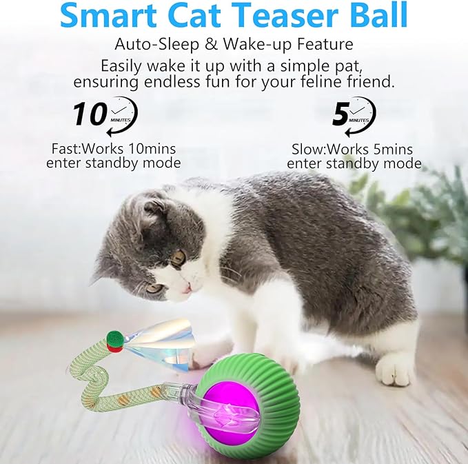 Interactive Cat Toys for Indoor Cats, Interactive Cat Ball Toy with Elastic Mesh Tail, Automatic Cat/Kitten Toys with Chirping & Motion Activate, Cat Toys for Bored Indoor (Green)