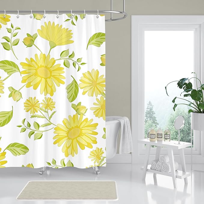Yellow Daisy Floral Shower Curtain,Spring Summer Sunflower Botanical Waterproof Polyester Fabric Bath Curtain with 12 Hooks,Bright Aesthetic Flower Bath Decor, 72 x 72 Inch