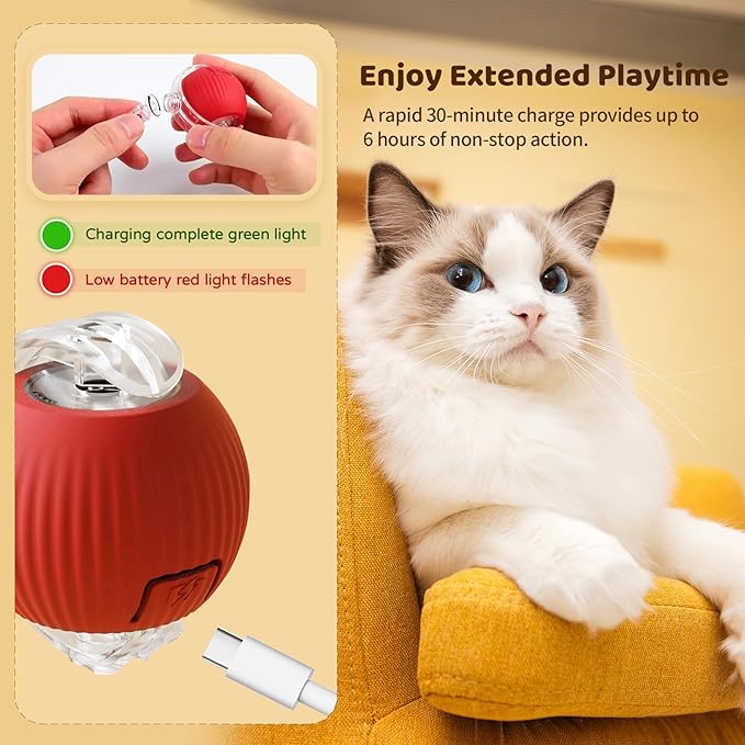 Interactive Cat Toys for Indoor Cats - 2025 Upgraded Kitten Toys for Bored Adult Cats, Smart Self-Rolling Interactive Dog Ball, Automatic Moving Peppy Pet Ball (Red)