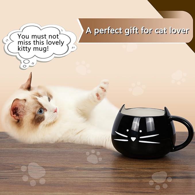 Koolkatkoo Cat Coffee Mugs for Cat Lover, Ceramic Kitty Tea Mug Gifts for Women Girls 12 oz Cup Black