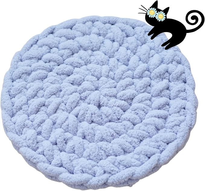 Cat Self-Warming Knitted Bed Mat, Extra-Soft Warm Round Washable Pads Cushions for Indoor Kittens & Kitty Small Pets Cat Trees (Blue,Large)