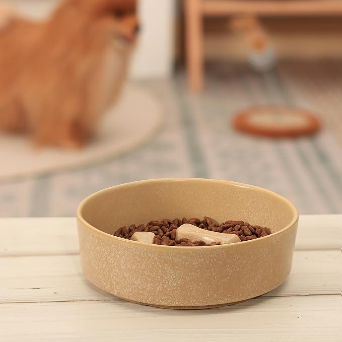 Ceramic Slow Feeder Cat Bowls 6 Inch Cute Bone Slow Feeding Dog Food Bowl,Whisker-Friendly, Anti-Vomiting Feeder for Cats and Small Dogs Non Slip Dishwasher/Microwave Safe (Khaki)