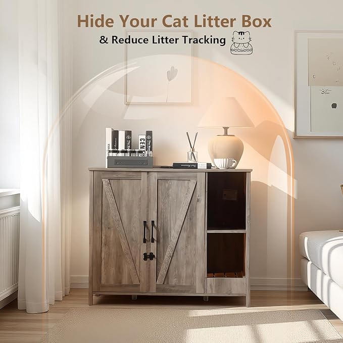 Litter Enclosure with Litter Collector, Litter Cabinet with Dog-Proof Adjustable Shelf, for Placing Cat Robot 3/4, Power Outlet (Grey)