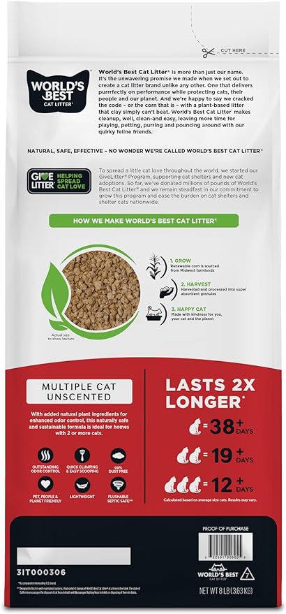 WORLD'S BEST CAT LITTER Multiple Cat Unscented, 8-Pounds - Natural Ingredients, Quick Clumping, Flushable, 99% Dust Free & Made in USA - Long-Lasting Odor Control & Easy Scooping