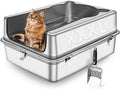 Extra Large Stainless Steel Cat Litter Box, 27.5" L x 19.7" W x 14" H XXXL Semi Enclosed Removable Metal Litter Tray with High Sided Enclosure, Scoop, Anti-Leakage, Non-Sticky, Easy Cleaning