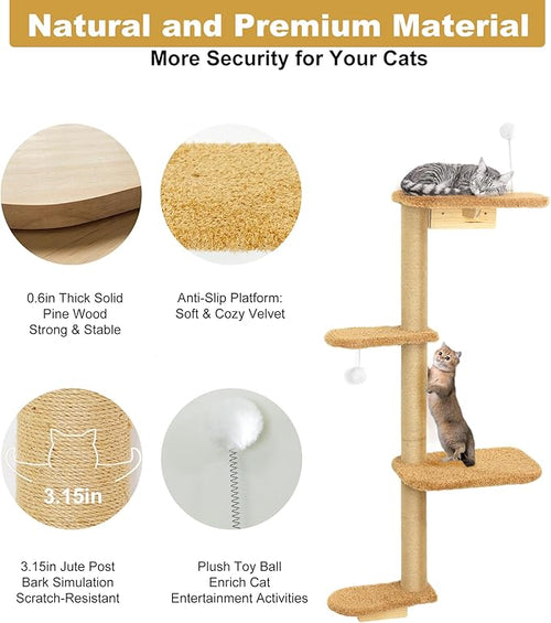 Brown Wall Mounted Cat Wall Climber & Tree for Kittens, 4 Platform Cat Shelves with Brown Plush Cushions, Floating Furniture for Climbing, Lounging, Scratching – 49” Tall