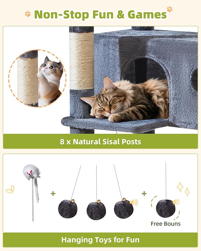 Taoqimiao Cat Tree Tower, 76-Inch Sturdy Cat Tree for Indoor Cats Large Adult Cat Tower with Scratching Posts，2 Condos, 2 Perches, 2 Large Hanging Baskets, Soft Hammock, MS046G Smoke Gray