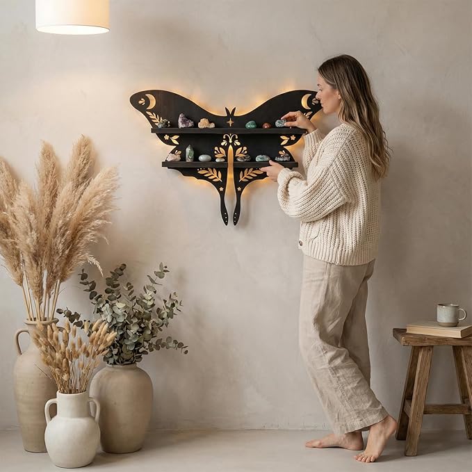 Crystal Display Shelf Wall Moon Shelves Luna Moth Hamsa Hand Holder Floating Wall Mounted Decorative Crystal Shelf (Moth-15 * 10.8inch/38.5 * 27.5cm)