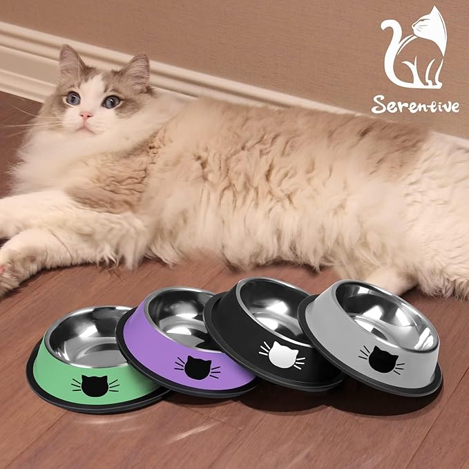 2 Pcs Non-Slip Stainless Steel Small Cat Food Bowls - Unbreakable, Thicken 7 Oz Cat Dishes - Indoor, Removable Rubber Base, Easily Clean, Lovely Color