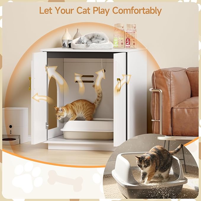 Large Cat Litter Box Enclosure for Self Cleaning Litter Box, 34.84" Tall Litter Boxes Furniture w/Outlets, Modern Cat House, Hidden Cat Litter Furniture for Living Room White