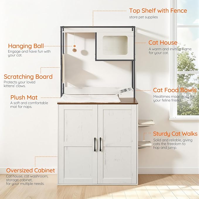 HOOBRO Cat Automatic Litter Box Enclosure Furniture, 30.5" L x 26.8" W x 61" H, Hidden Robotic Litter Box Cabinet, Dog-Proof Shelf with Charging Station, Scratching Mat, Bowls, White WH68UMZ03