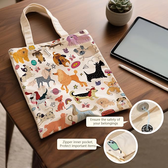 Aesthetic Canvas Tote Bag for Women - with Magnetic Snap Closure & Zipper Inner Pocket Reusable Bag for Shopping
