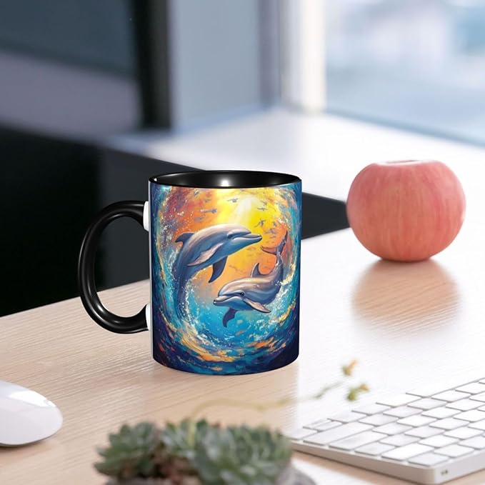 Dolphin Coffee Mug Funny Ceramic Tea Cup With Handle Dishwasher Microwave Safe for Women 11oz Porcelain