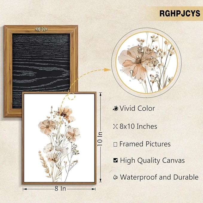 Neutral Watercolor Botanical Wall Art Vintage Floral Canvas Art Prints Orange Flower Plants Picture Minimalist Wall Decor Boho Artwork Framed for Girls Room Bedroom Living Room Decoration, 8"x10"x1Pcs