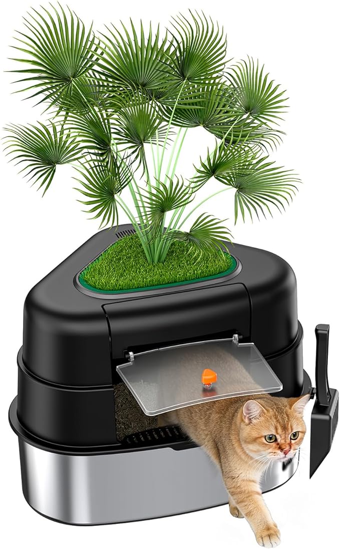 XXL Stainless Steel Corner Cat Litter Box with Lid, Enclosed Hidden Plant Litter Box with Artificial Plant, Easy-Clean Covered Decorative Litter Box for Large Cats, Black