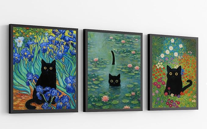 Monet Wall Art, Funny Cat in Water Lilies Canvas Prints, Black Cat Aesthetic Pictures for Living Room, Bedroom, Bathroom, Kitchen, Home Decor, Modern Cat Lover Gift Idea, Black Frame 11’’x14’’x3 pcs